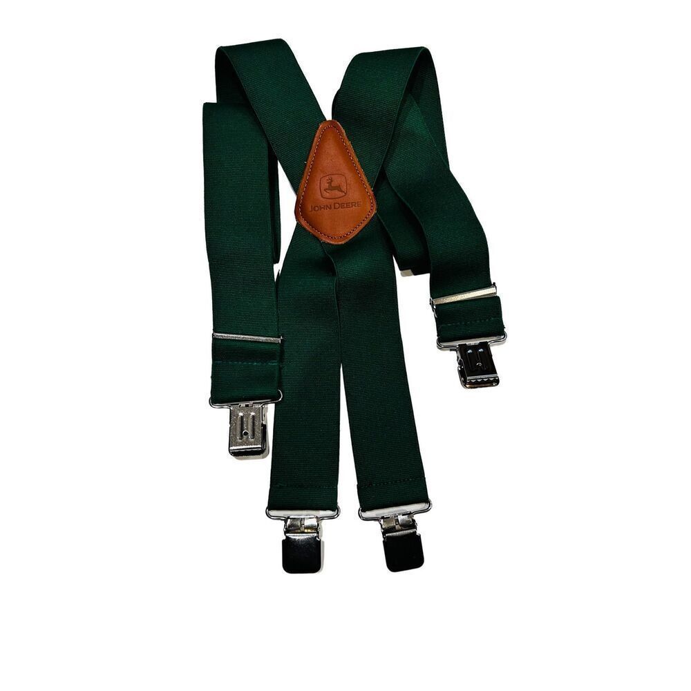 John Deere Leather Patch Adult Clip Suspenders. Green 2" wide sturdy elastic sil